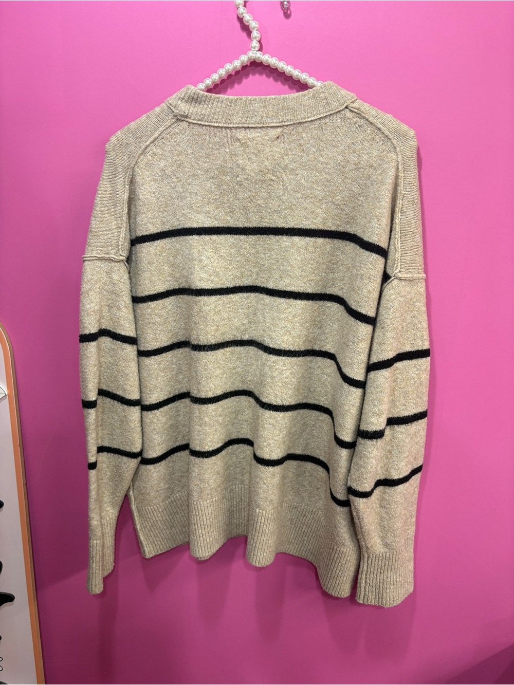 Aerie Oversized Crewneck Sweater Oatmeal Beige Black Stripe - Picture 4 of 4